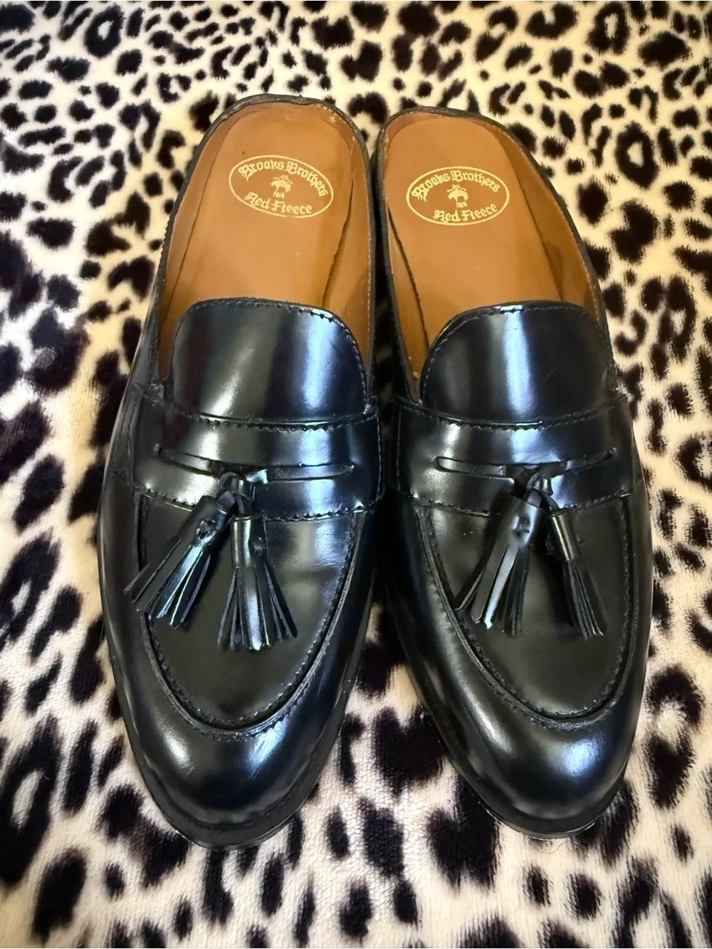 Brooks Brothers Black Leather Tassel Slip-On mules